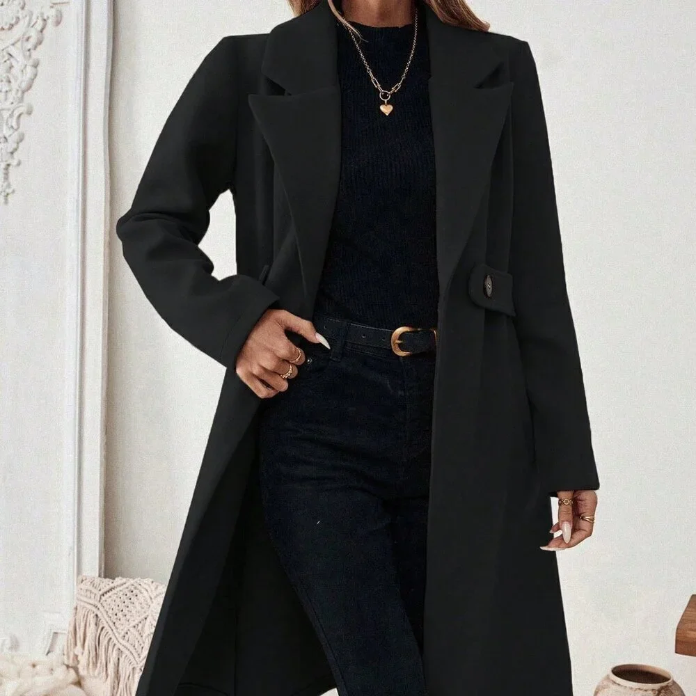 Black Casual Women's Flat Collar Pocket Belted Long Sleeve Coat Jacket